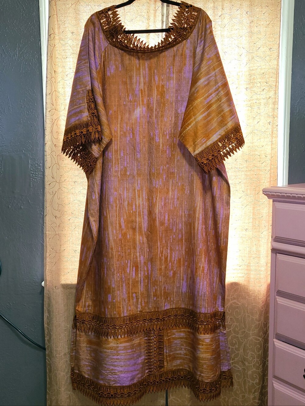 Vintage Bohemian Ethnic Handmade Bronze SILK CAFTAN MAXI Dress Embroidered Trim